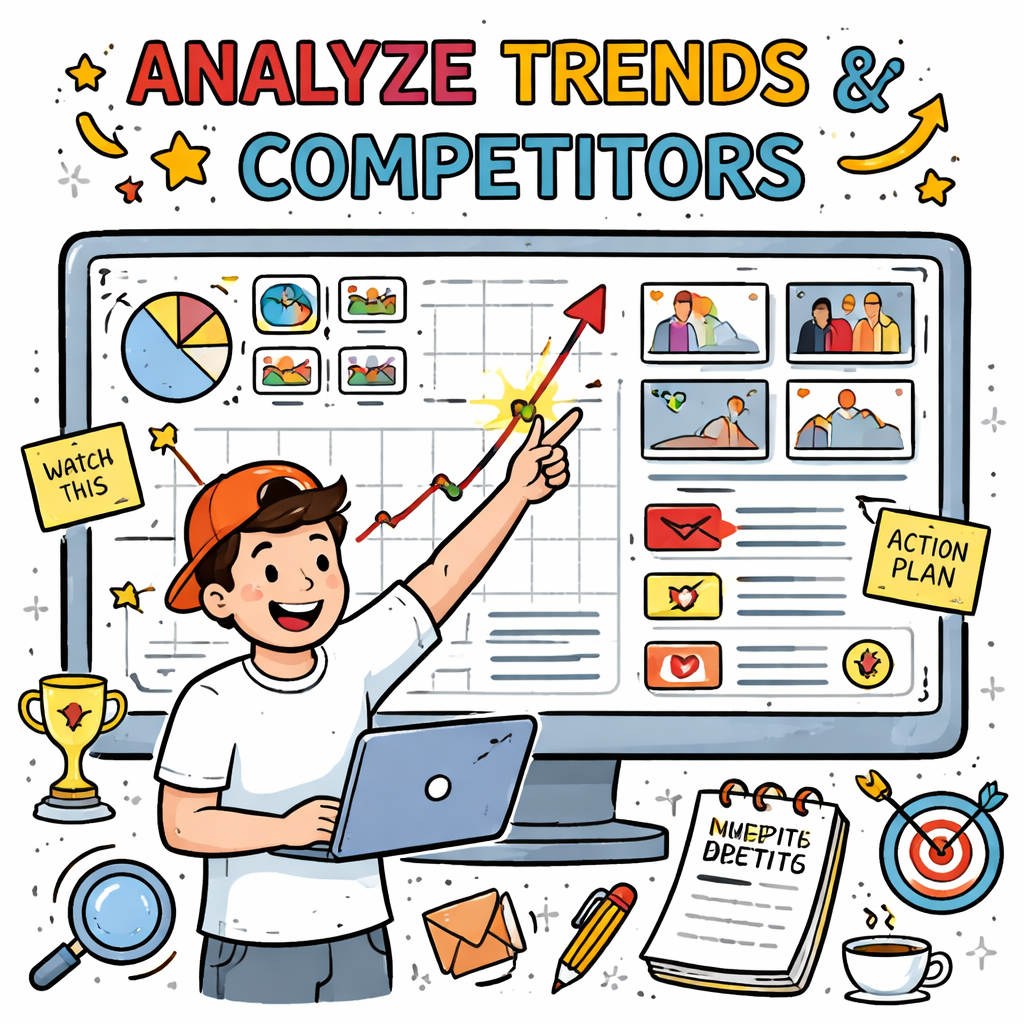 A doodle illustration of a creator standing in front of a large monitor filled with charts, trend lines, and YouTube thumbnails, pointing at a highlighted spike, Alt: Visual guide to analyzing trends and picking an action plan for how to track competitor YouTube channels.