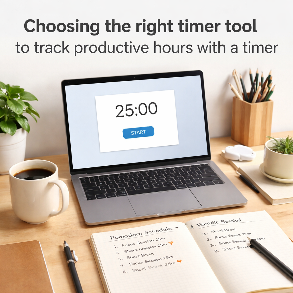 A clean, modern workspace with a laptop open to a timer app, a coffee mug, and a notebook showing a simple Pomodoro schedule. Alt: “Choosing the right timer tool to track productive hours with a timer”