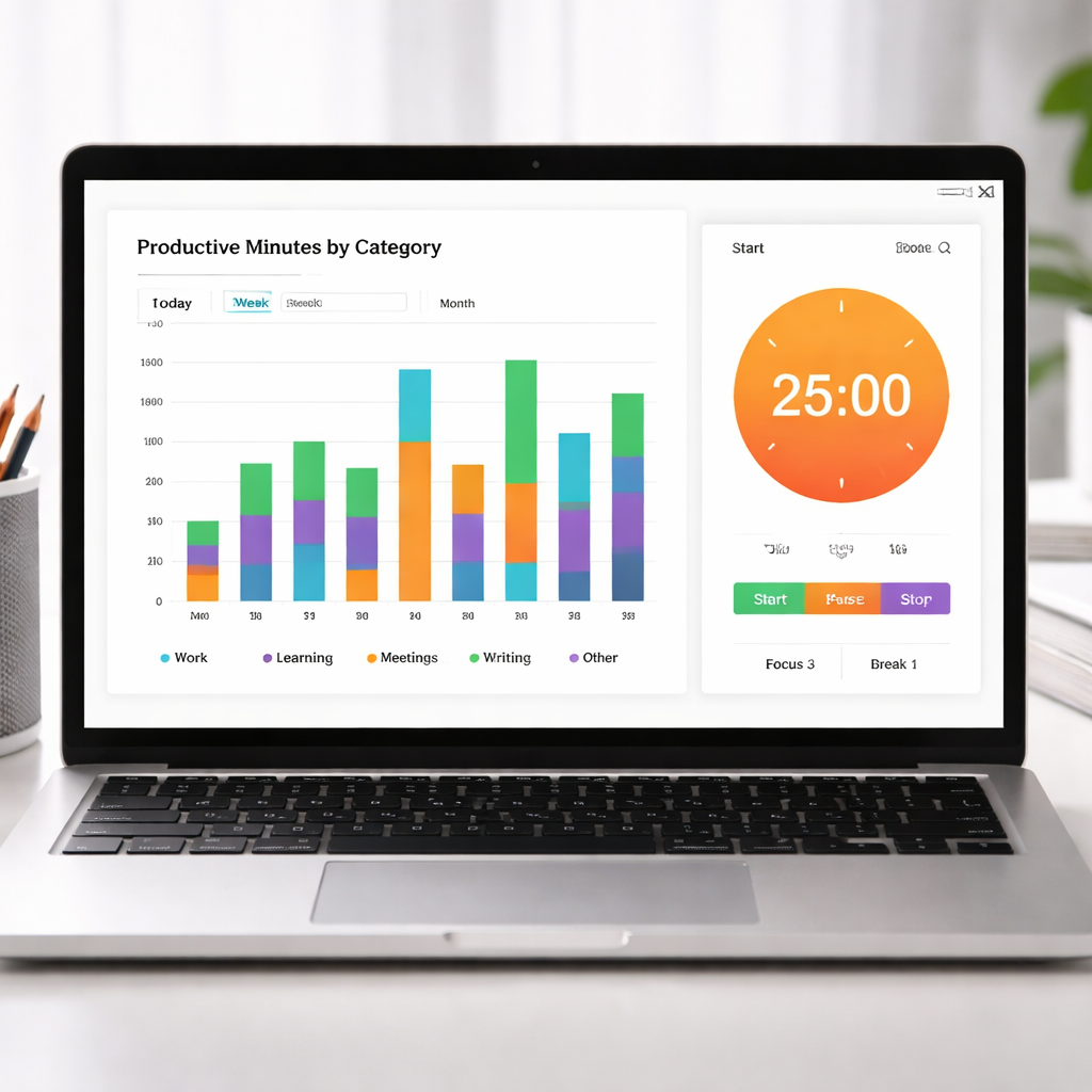 A clean digital dashboard on a laptop screen showing a bar chart of productive minutes by category, with a timer app open beside it, illustrating how to analyze data and adjust workflow. Alt: Analyze productive hours data with a timer and visual chart.