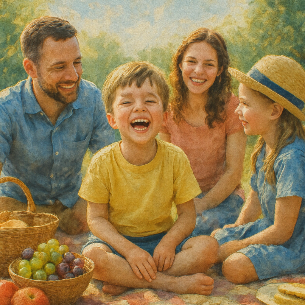 A bright, high‑resolution photo of a family picnic with clear focus on a laughing child, ready to be turned into a watercolor‑style canvas. Alt: photo to painting canvas example showing vibrant, painted transformation