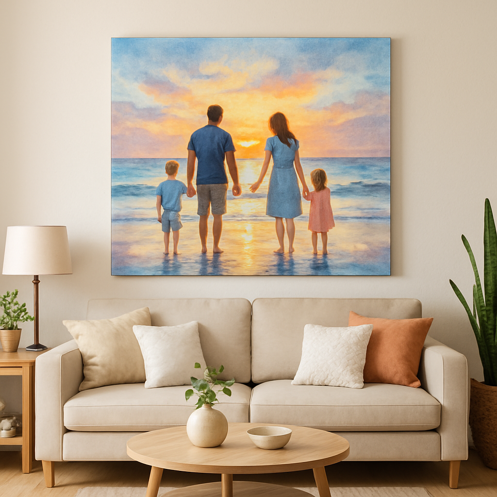 A bright living room with a newly hung canvas that looks like a hand‑painted watercolor of a family beach sunset. Alt: photo to painting canvas displayed as wall art