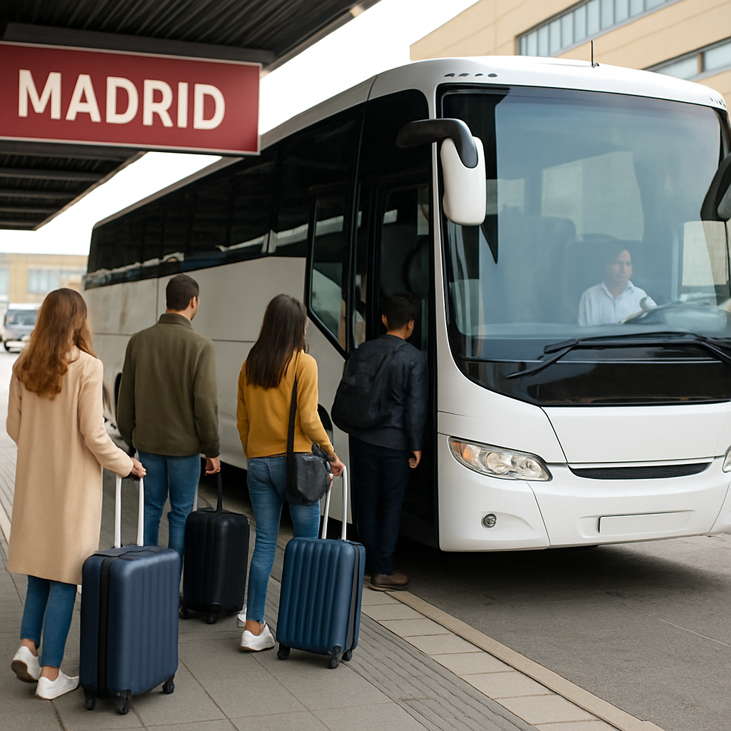 A bright, modern coach bus parked at a Madrid bus terminal, passengers boarding with luggage. Alt: Comfortable bus from Madrid to Segovia with spacious interior and smiling driver.