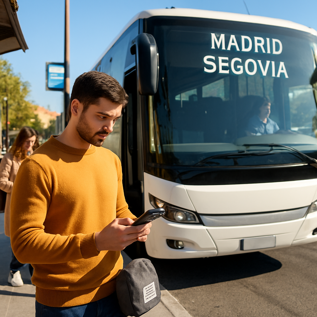 A sunny morning at a Madrid bus stop with a modern coach ready to depart for Segovia, showing passengers checking their phones and QR codes. Alt: Traveler preparing for a bus from Madrid to Segovia, checking reservation details and packing a small bag.