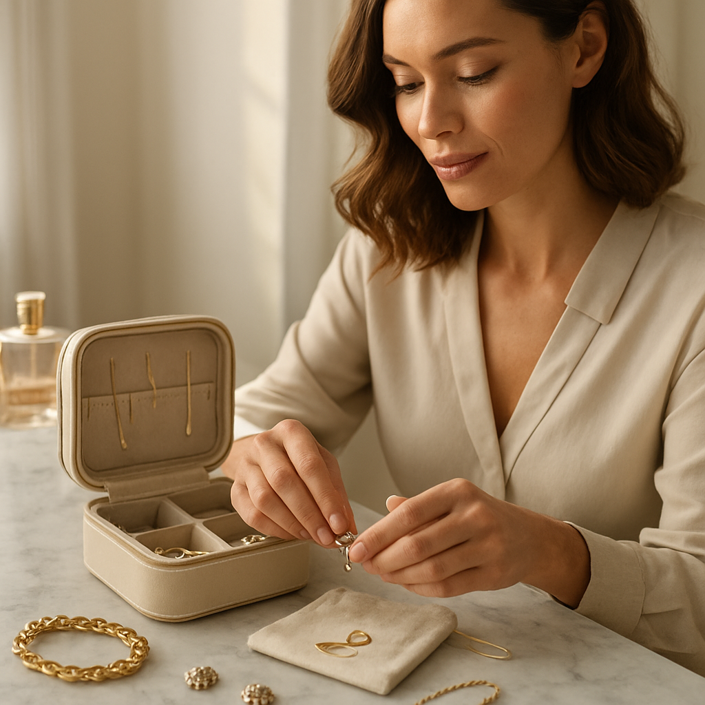 A photorealistic scene of a stylish woman laying out her jewelry on a marble vanity, sorting items into a high‑quality travel jewelry case and a soft pouch, with a subtle hint of a sunlit window in the background, appealing to sophisticated travelers. Alt: How to travel with jewelry – assessing value and necessity.