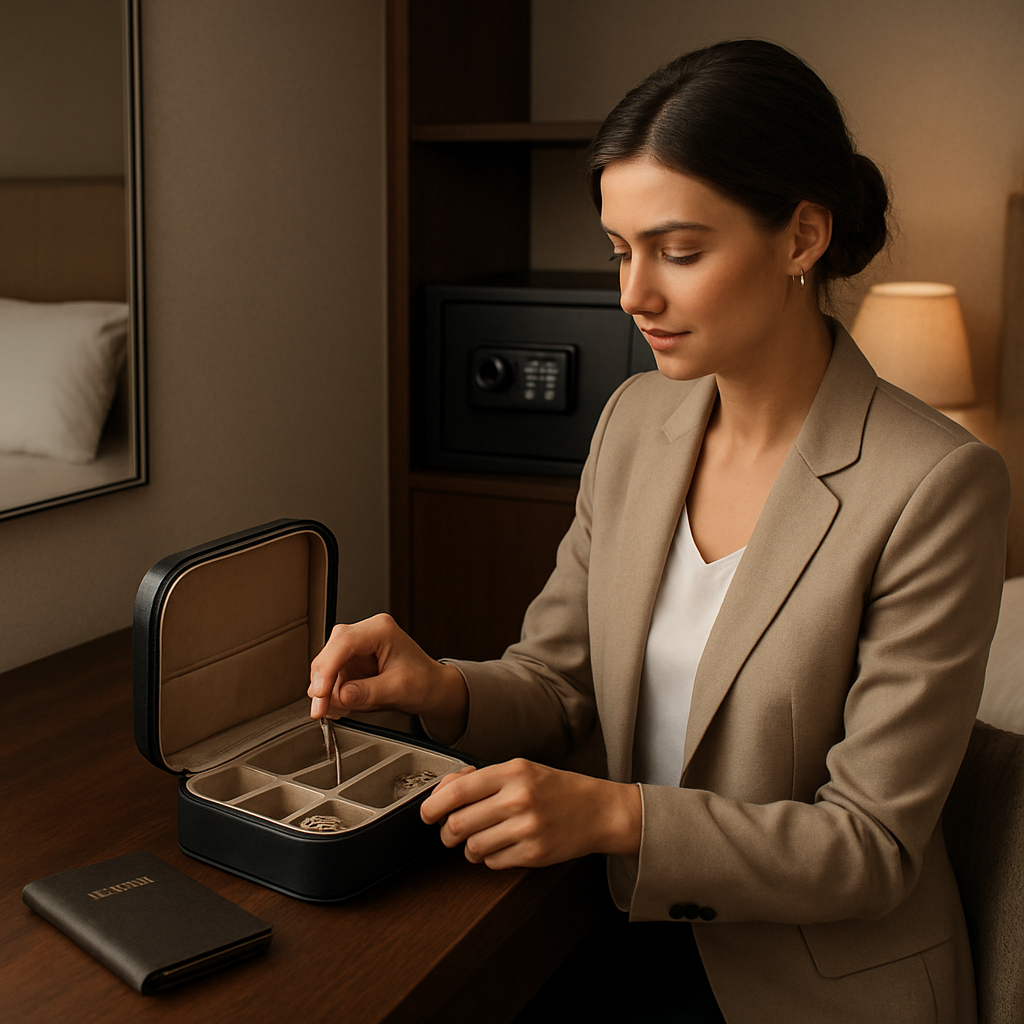 A photorealistic scene of a stylish woman in a boutique hotel room, gently opening a sleek travel jewellery case placed on a vanity, with a safe in the background and a passport‑style travel wallet on the bedside table. Alt: Destination handling and local regulations for traveling with jewellery.