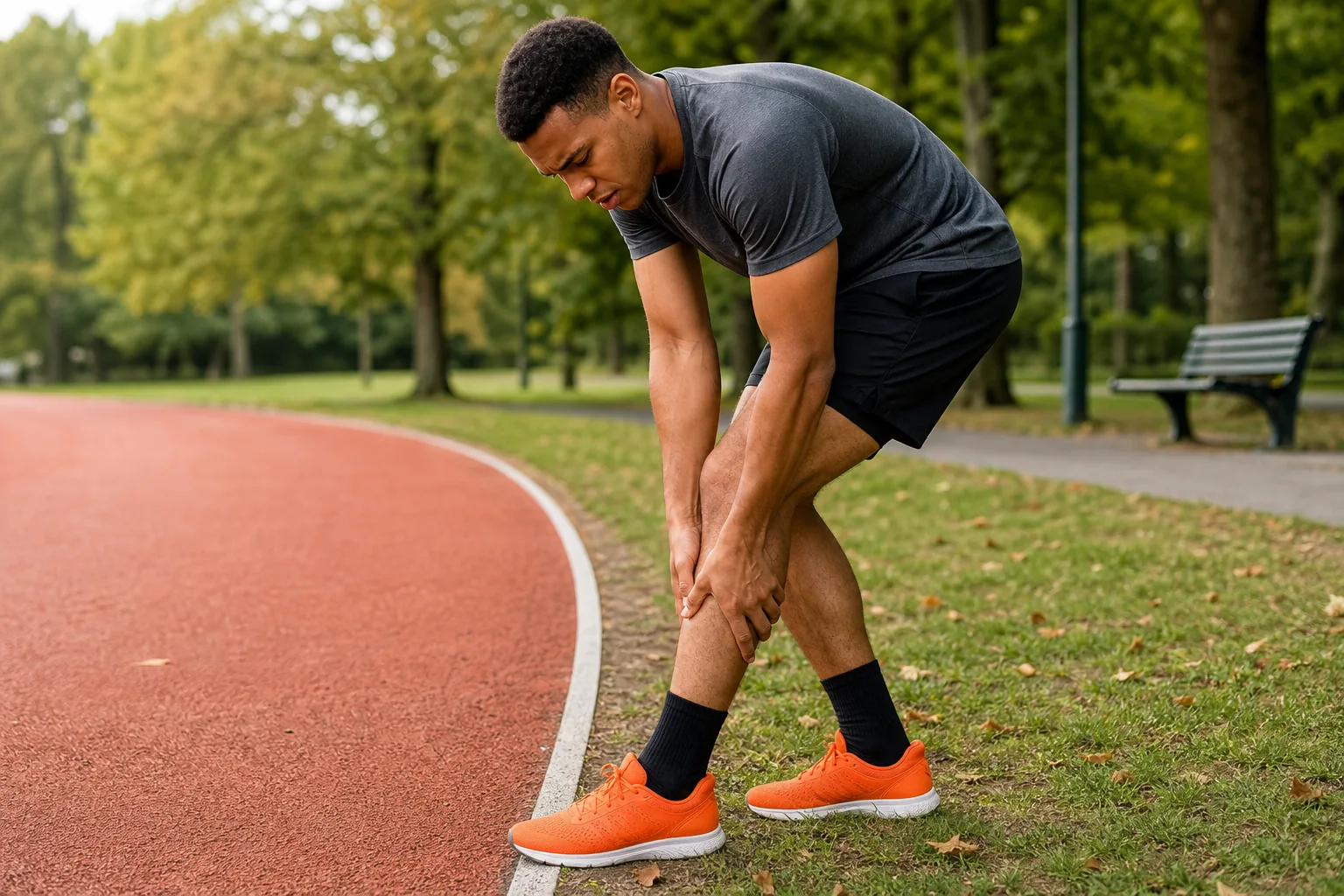 Person stopping activity to assess a possible calf muscle strain.