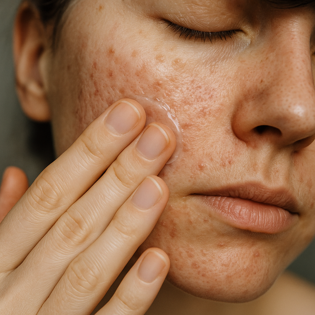 A close-up of hands applying topical salicylic acid on facial acne scars with gentle circular motions. Alt: how to treat acne scars at home with topical acid treatment for smoother skin.
