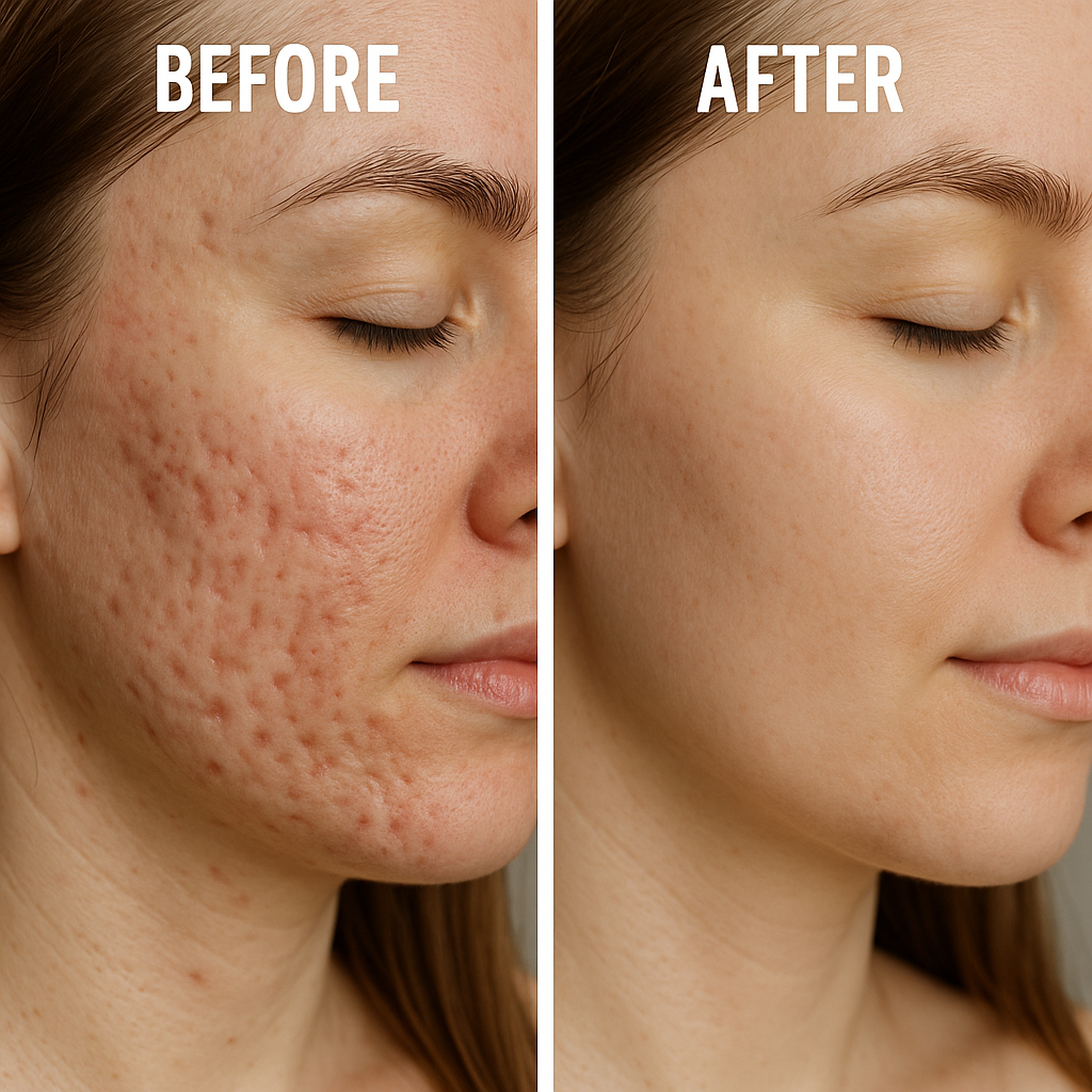 A before-and-after photo showing visible lightening and smoothing of acne scars after regular at-home skincare routine. Alt: how to treat acne scars at home visible improvement with consistent care.