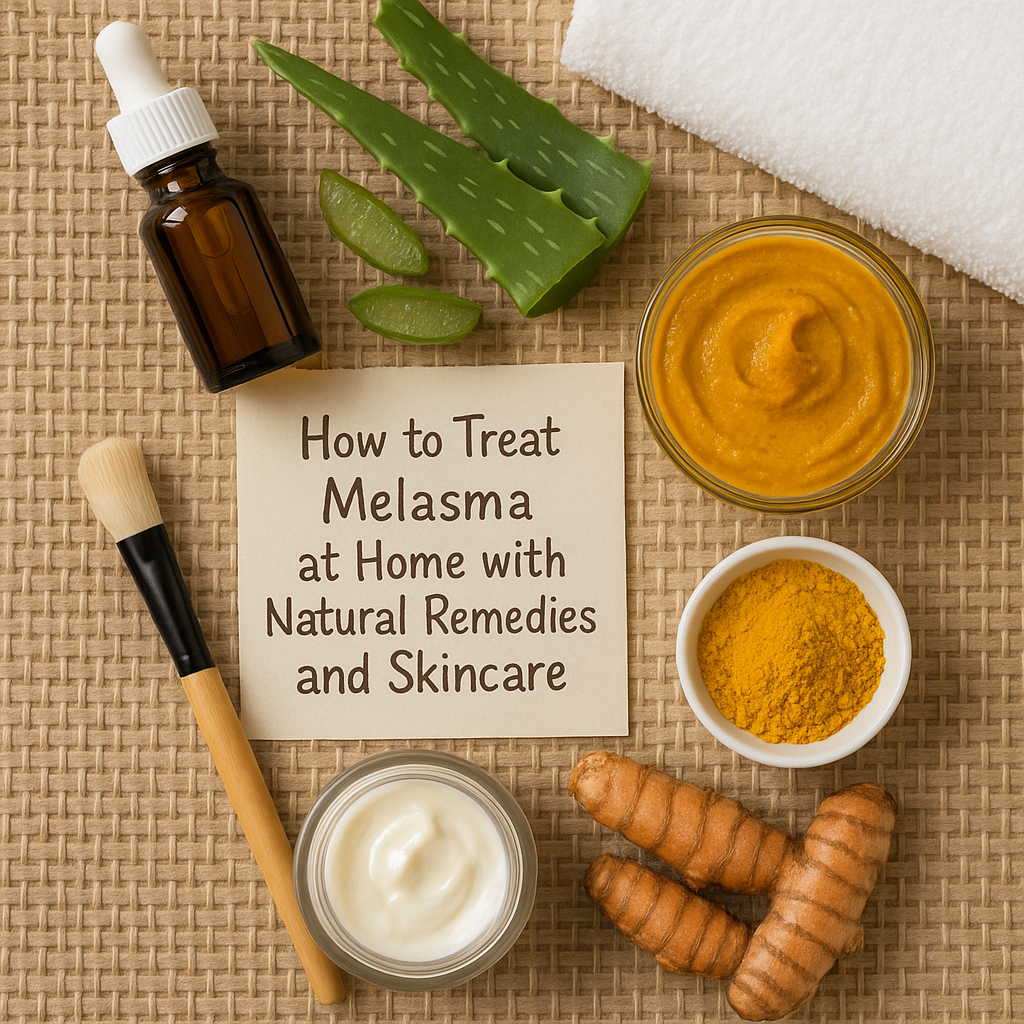 A calming skincare routine at home targeting melasma with aloe vera, turmeric mask, and natural ingredients. Alt: How to treat melasma at home with natural remedies and skincare.