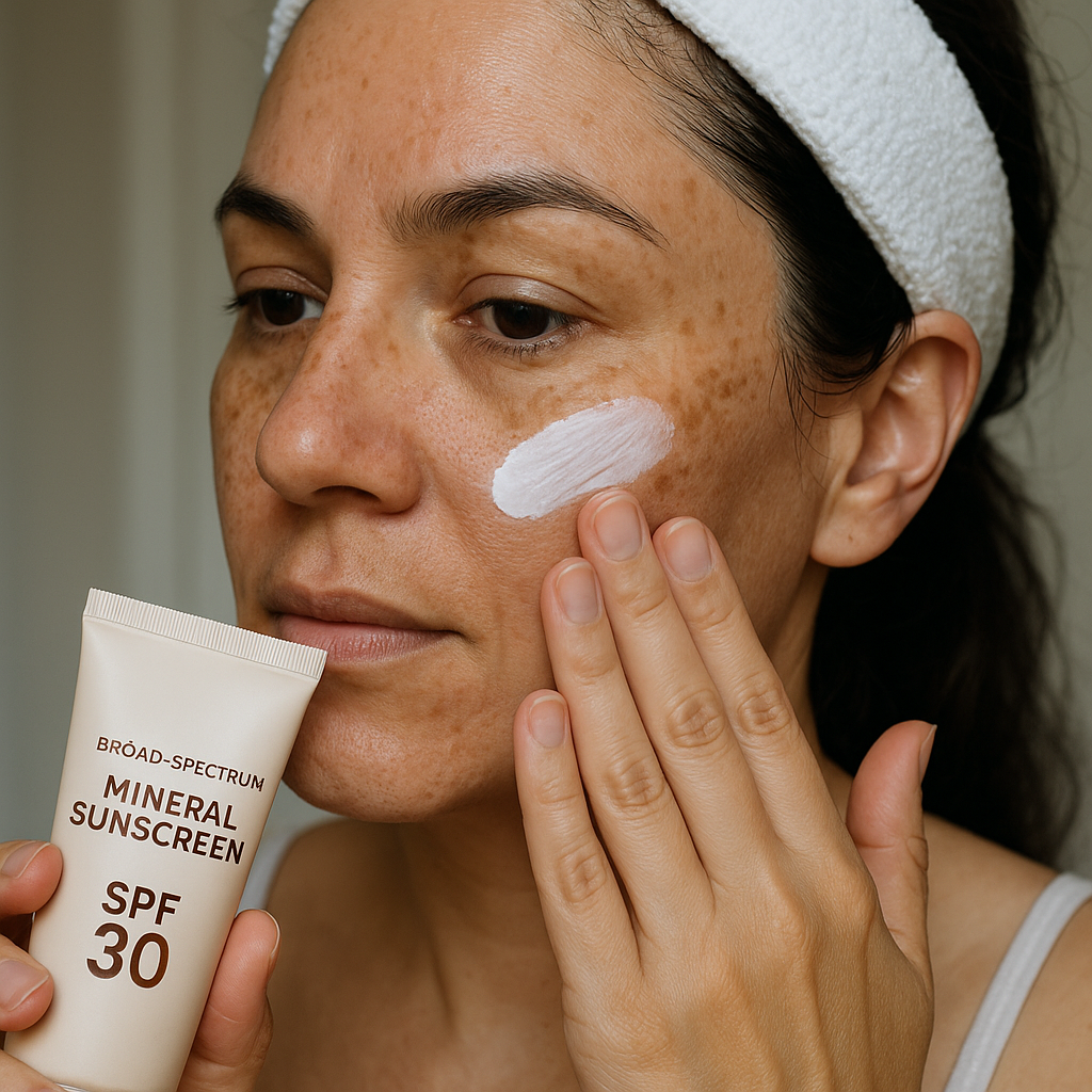 A person applying broad-spectrum mineral sunscreen to prevent melasma flare-ups. Alt: How to treat melasma at home with effective sun protection.