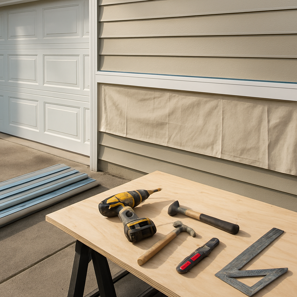 A photorealistic scene of a homeowner’s driveway with neatly rolled trim metal, drop cloths covering siding, a chalk line marked on a fascia board, and tools laid out on a plywood station. Sunlight casts soft shadows, emphasizing a clean, organized work area. Alt: Clean work area for trim metal installation.
