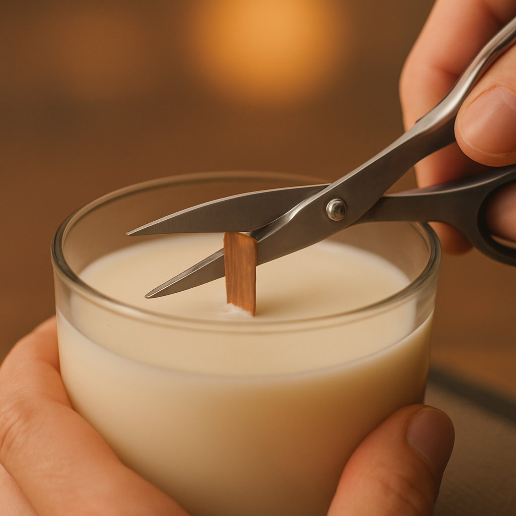 A close‑up of a wooden candle wick being trimmed with stainless steel scissors on a silicone mat, soft ambient lighting in the background. Alt: How to trim wood wick candle tools and process.