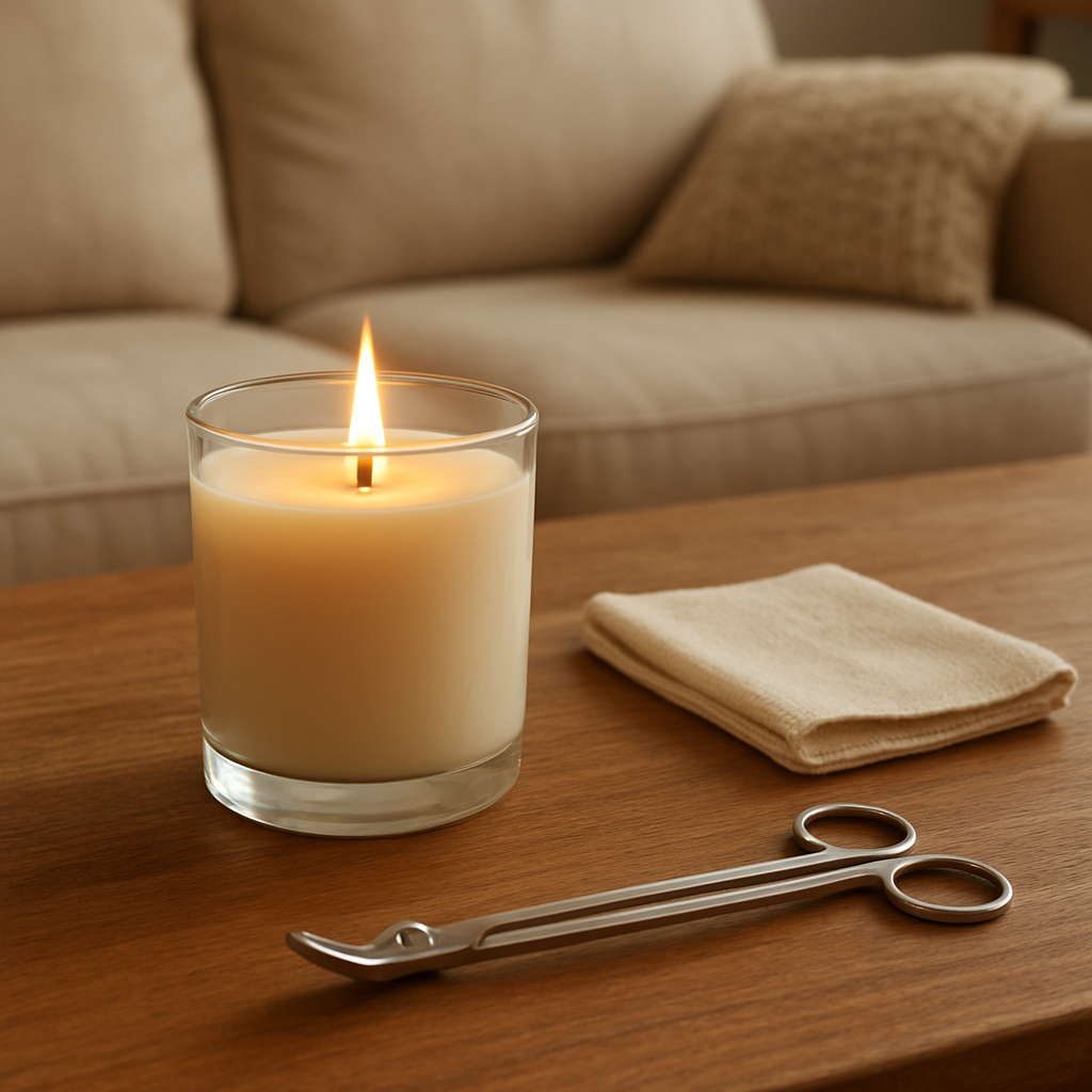 A cozy living room table with a wood‑wick candle burning evenly, a pair of scissors, and a lint‑free cloth beside it. Alt: Troubleshooting wood wick candle issues with tools and a steady flame.