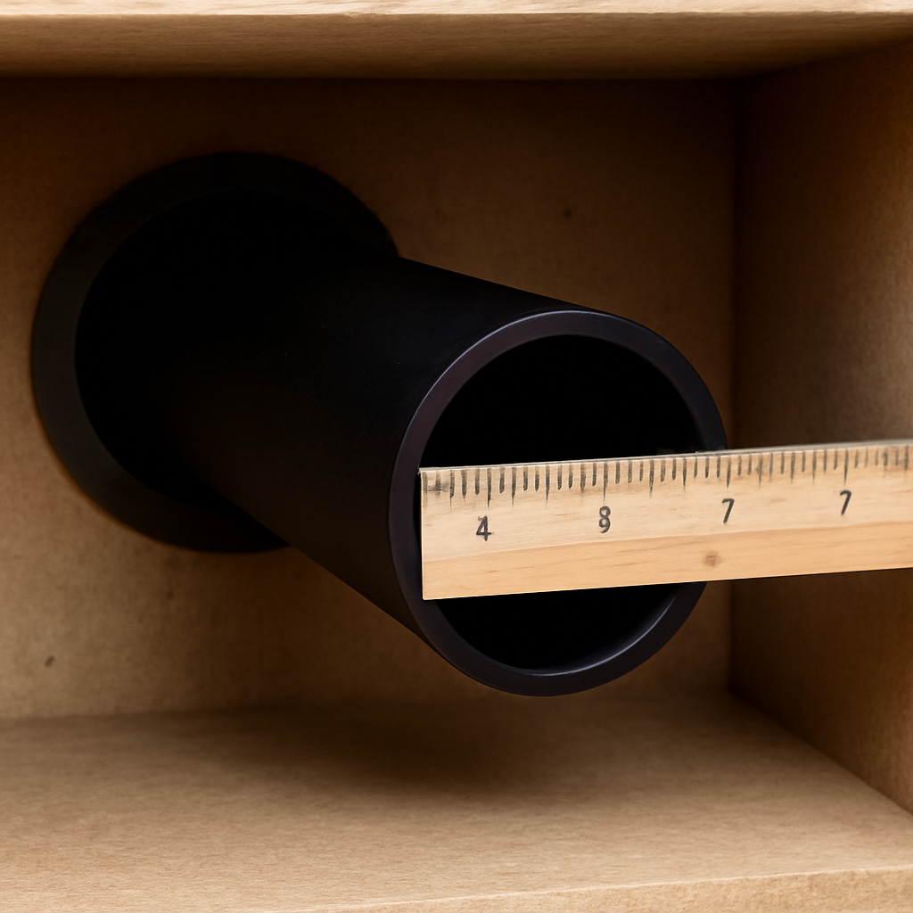 A close‑up of a ported subwoofer box interior with a ruler measuring the port length. Alt: measuring port length on a subwoofer box
