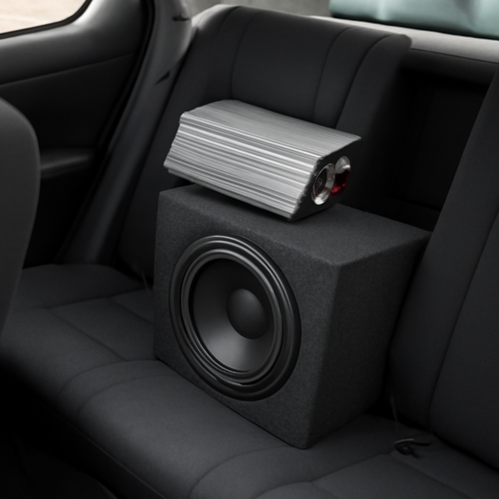 A car interior with a car audio system, amplifier and subwoofer box visible. Alt: Car audio amplifier and subwoofer setup in a vehicle cabin.