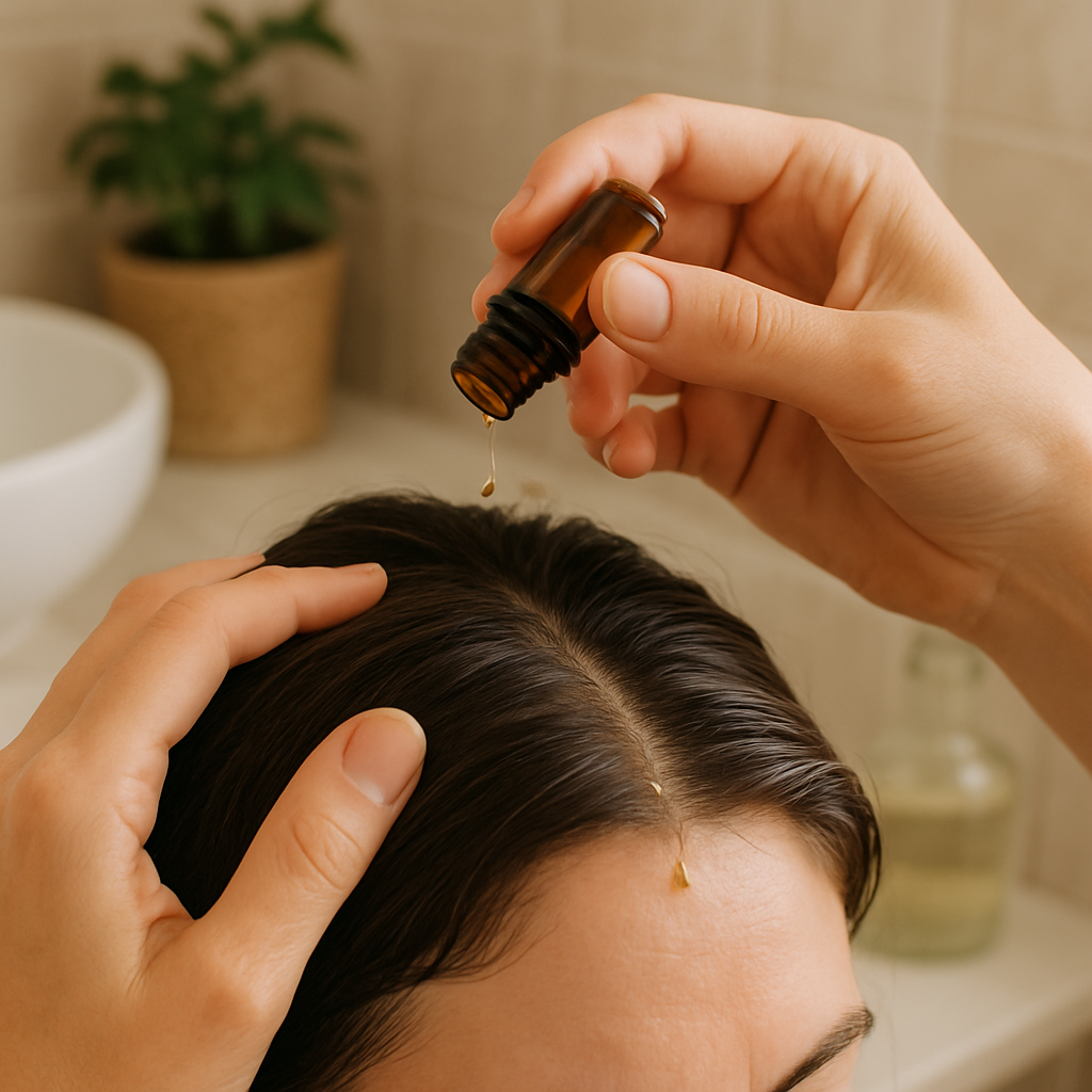 A close‑up of hands massaging a scalp with drops of essential oil, showing a calm, well‑lit bathroom setting. Alt: Essential oils scalp massage for unclogging hair follicles.