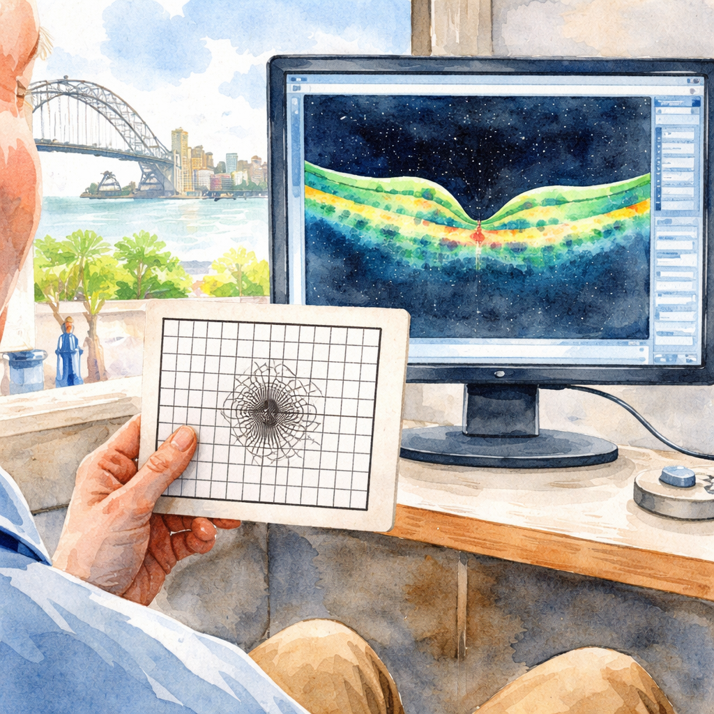 A watercolor illustration of a patient holding an Amsler grid in one hand while a retinal OCT scan glows on a screen in the background, set in a Sydney clinic, emphasizing the blend of home monitoring and high‑tech diagnostics. Alt: Watercolor depiction of wavy lines in vision one eye diagnostic tools