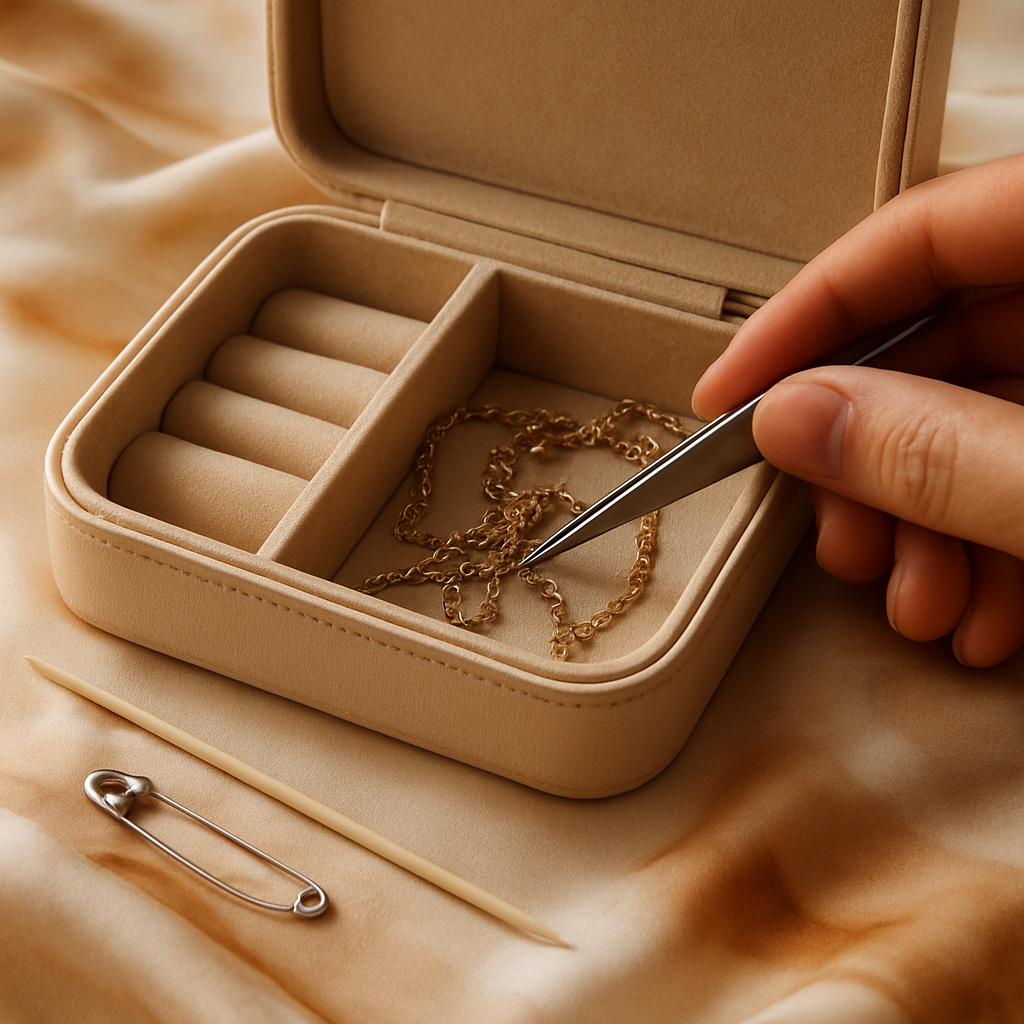 A close‑up of a travel jewelry case open on a silk scarf, showing a fine‑point safety pin, a wooden skewer, and a pair of tweezers beside a tangled necklace chain being gently worked apart. Alt: How to untangle a necklace chain using specialized tools and accessories.