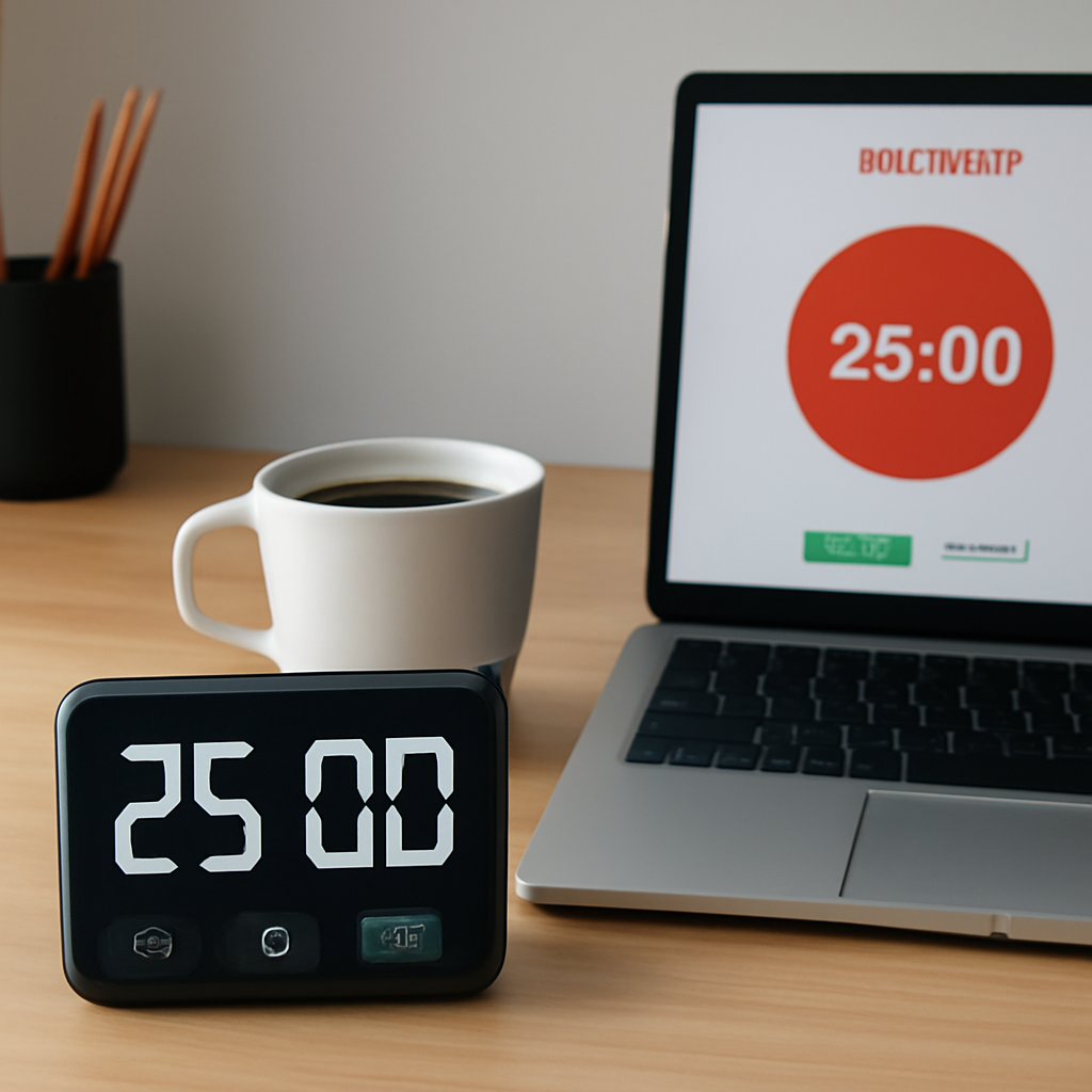 A modern study desk with a sleek digital timer, a cup of coffee, and a laptop open to a Pomodoro app interface. Alt: Digital 25 minute timer on a study desk