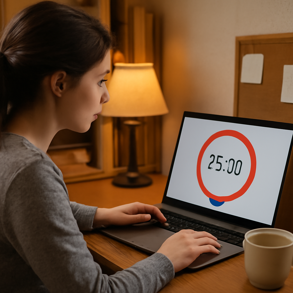 A student in a cozy study nook setting a 25‑minute timer on a laptop screen with a cup of coffee nearby. Alt: 25 minute timer on laptop, student setting up Pomodoro session.