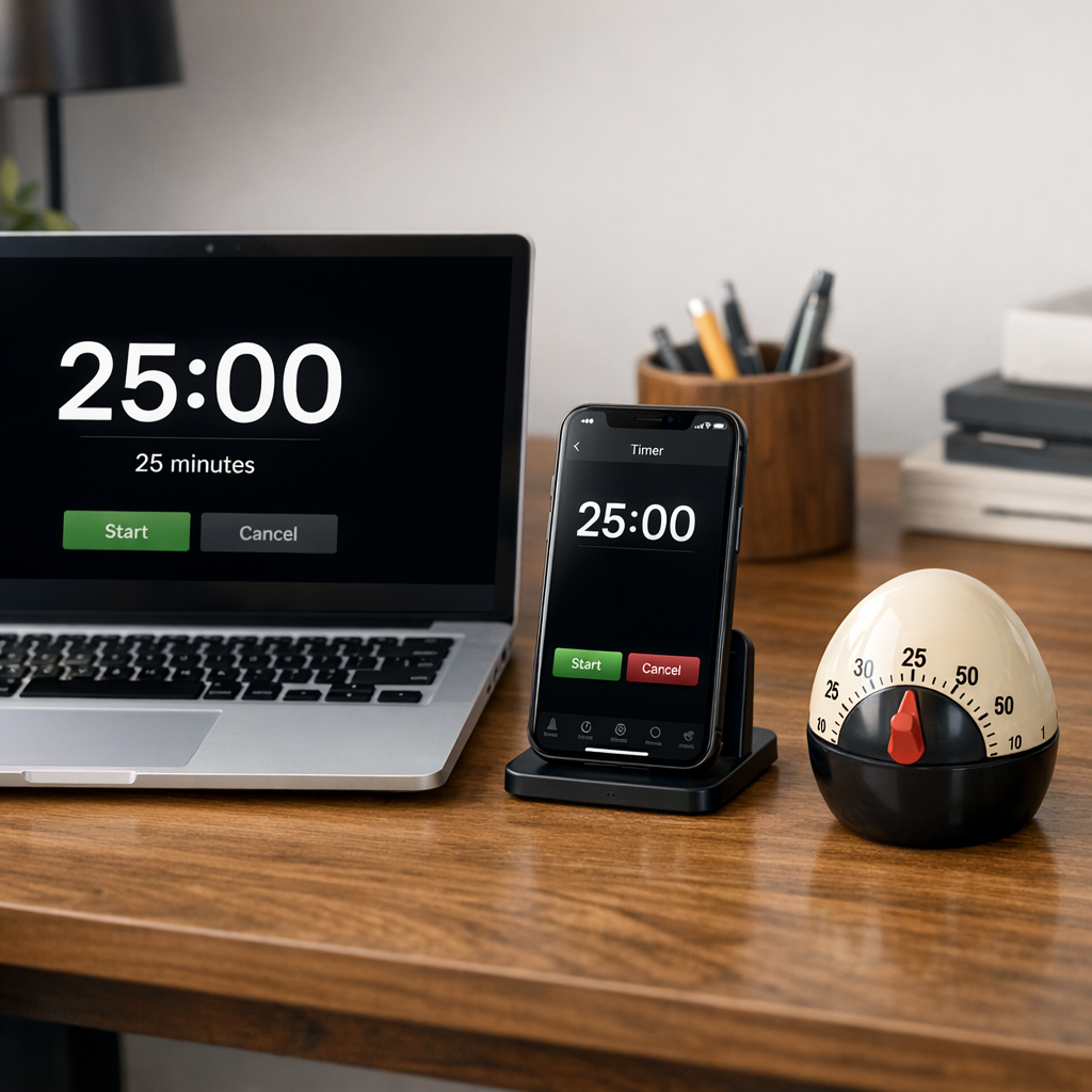 A modern home office desk with a laptop open, a smartphone displaying a timer app, and a classic kitchen timer ticking down. Alt: Choosing the right device for a 25 minute timer with alarm, showing laptop, phone, and kitchen timer options.