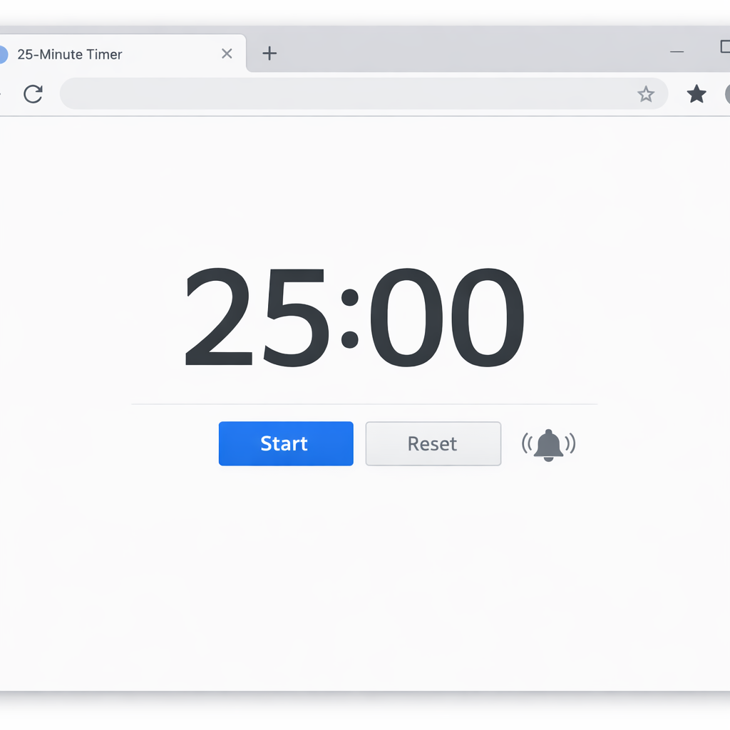 A clean desktop screenshot showing a web browser tab with a 25 minute countdown timer and a subtle alarm icon. Alt: Web‑based 25 minute timer with alarm for productivity.