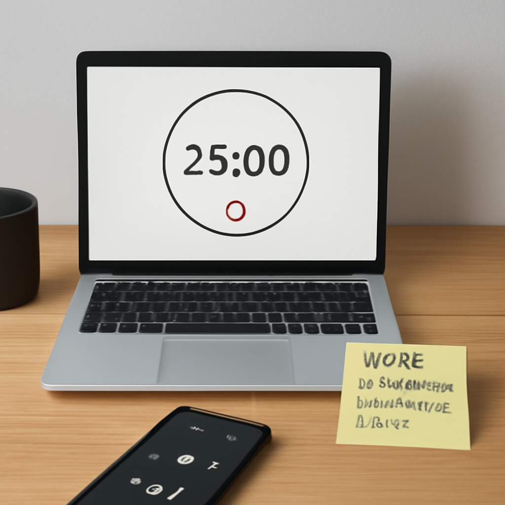 A desk with a laptop displaying a 25‑minute timer, a music player open to a 25‑minute track, and a sticky‑note visual agenda beside it. Alt: Focused work setup with timer and music player.