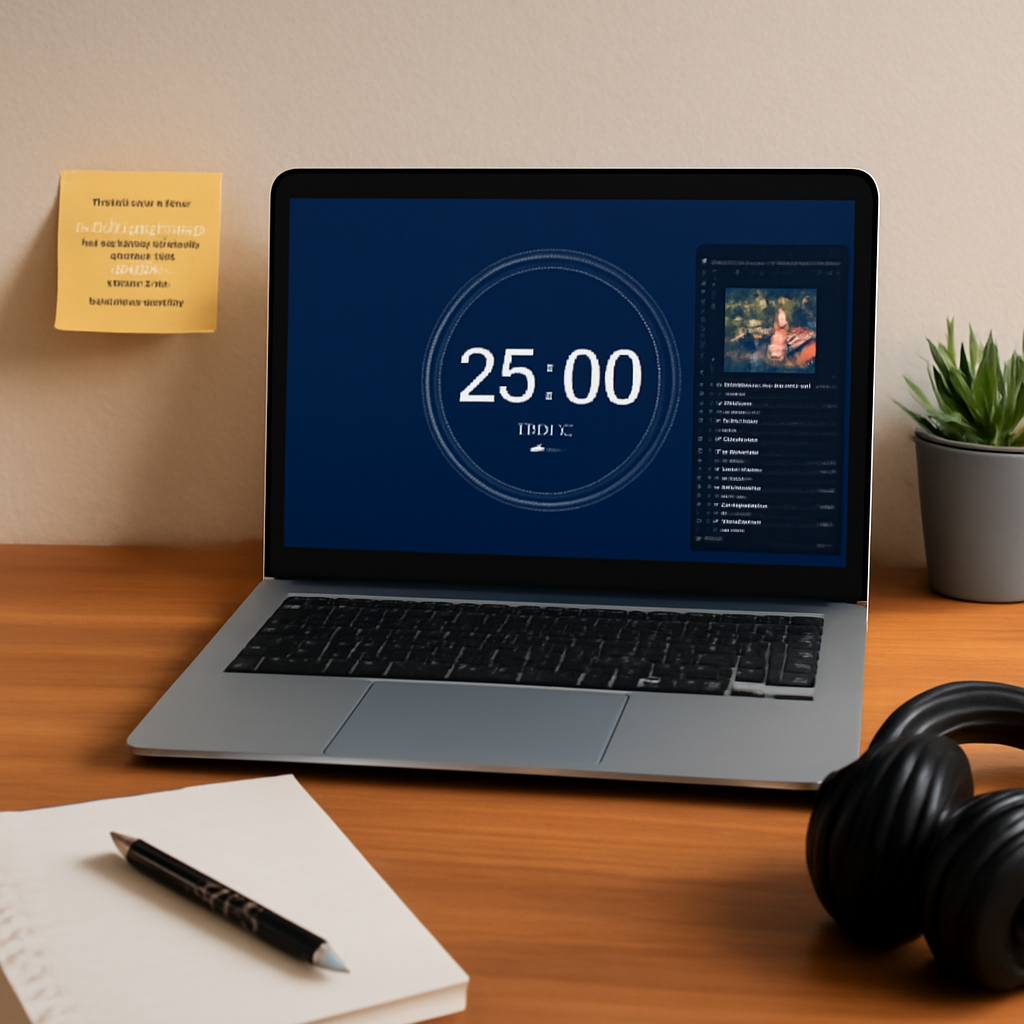 A desk setup with a laptop displaying a 25-minute timer, a music player open to a lo‑fi playlist, and a sticky note with a task list. Alt: Visual guide to a 25‑minute timer with music setup.
