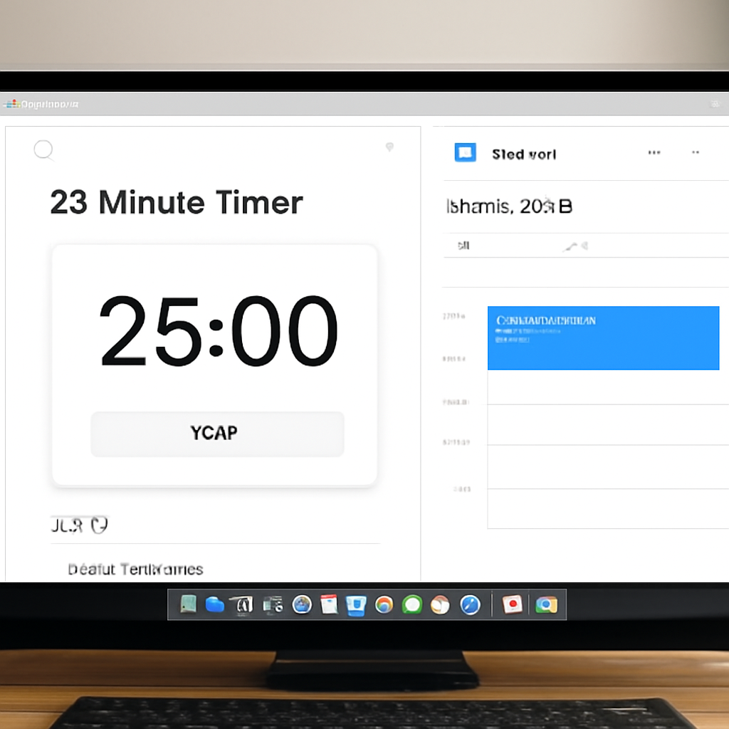 A desktop with a 25‑minute timer widget open on a Notion page, alongside a Google Calendar event. Alt: A screenshot of a productivity workspace showing a timer integrated with calendar and task list.