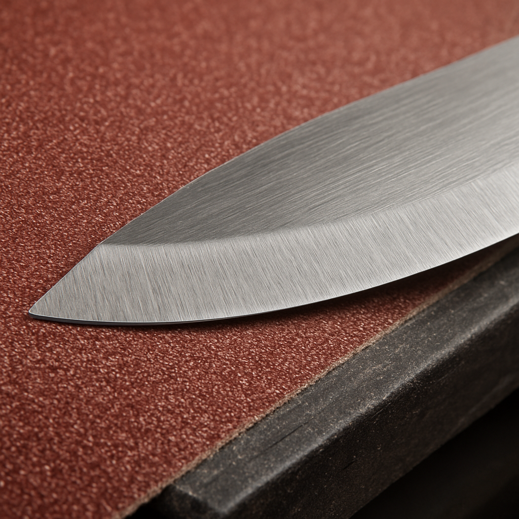 A close‑up of a knife blade being run over a belt sander with visible grit marks transitioning from coarse to fine. Alt: belt sander for knife sharpening grit progression