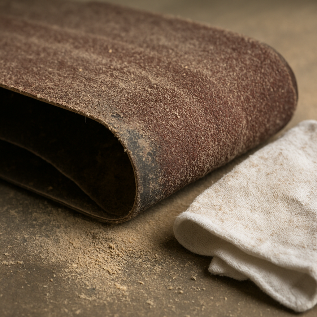 Close‑up of a worn belt sander belt with dust and a clean rag nearby. Alt: maintenance of belt sander for knife sharpening