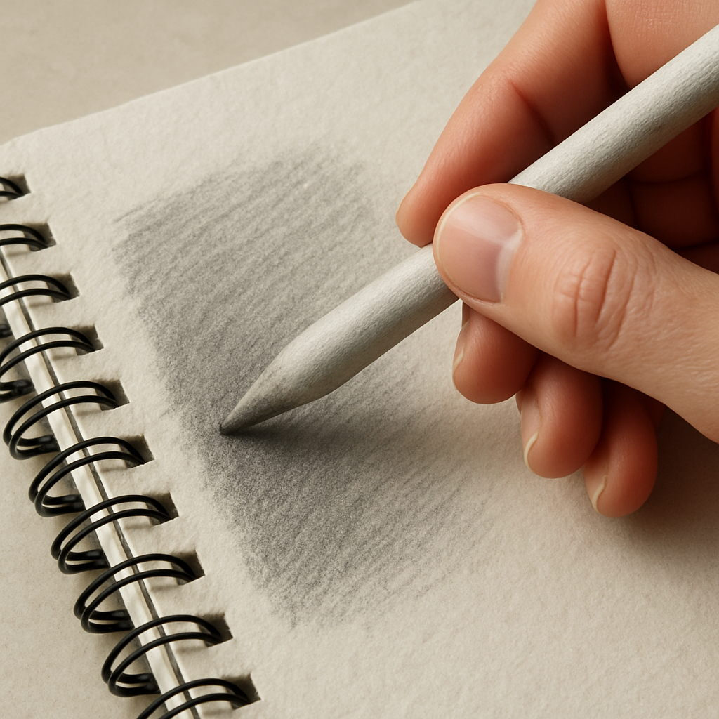 A close‑up of a hand holding a blending stump over a textured sketchbook page, showing graphite shading being smoothed. Alt: How to use a blending stump with proper materials and technique.
