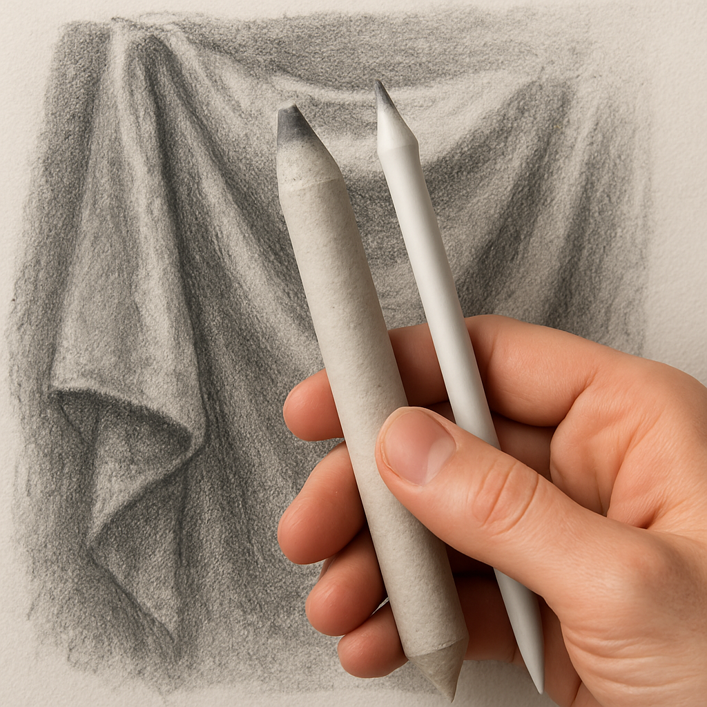 A close‑up of a hand holding two blending stumps – one wide paper‑wrapped barrel and one narrow plastic tip, set beside a graphite‑shaded sketch of a fabric drape. Alt: Choosing the right blending stump for different textures
