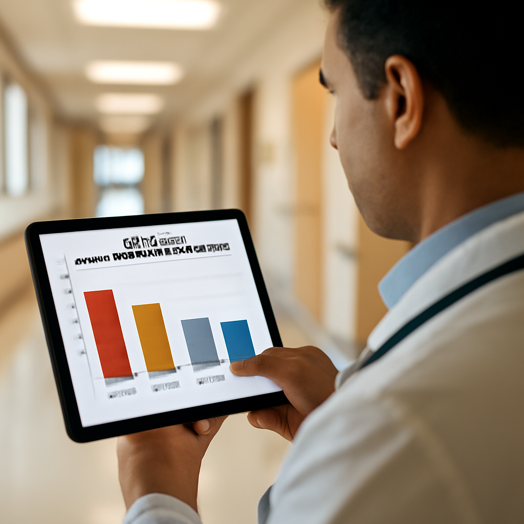 A clinician reviewing a bar chart on a tablet, with a bright morning hospital corridor in the background. Alt: Burnout assessment results chart on tablet screen.