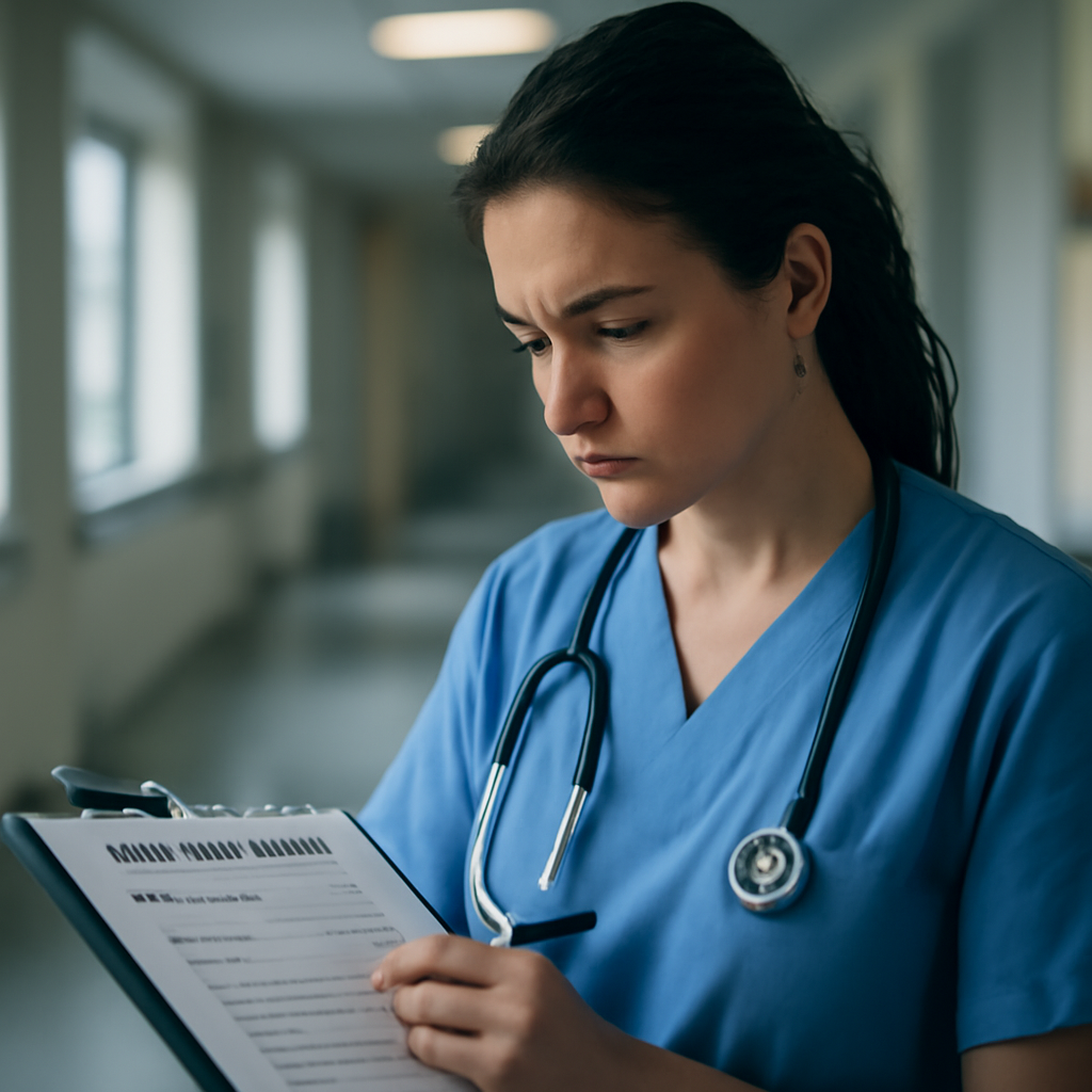 A nurse in a bright hospital corridor taking a burnout questionnaire. Alt: Nurse completing burnout assessment.
