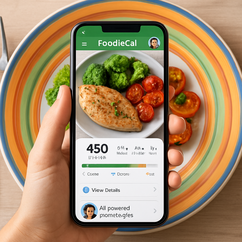 A smartphone held over a colorful dinner plate, showing the Foodie Cal app interface with nutrition breakdown overlay. Alt: calorie tracker from photo app displaying meal nutrition details.