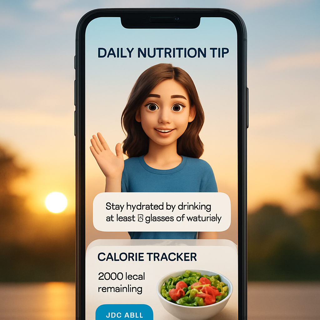 A friendly animated avatar on a smartphone screen offering a daily nutrition tip, with a bright morning background. Alt: calorie tracker from photo app avatar giving personalized daily tip.