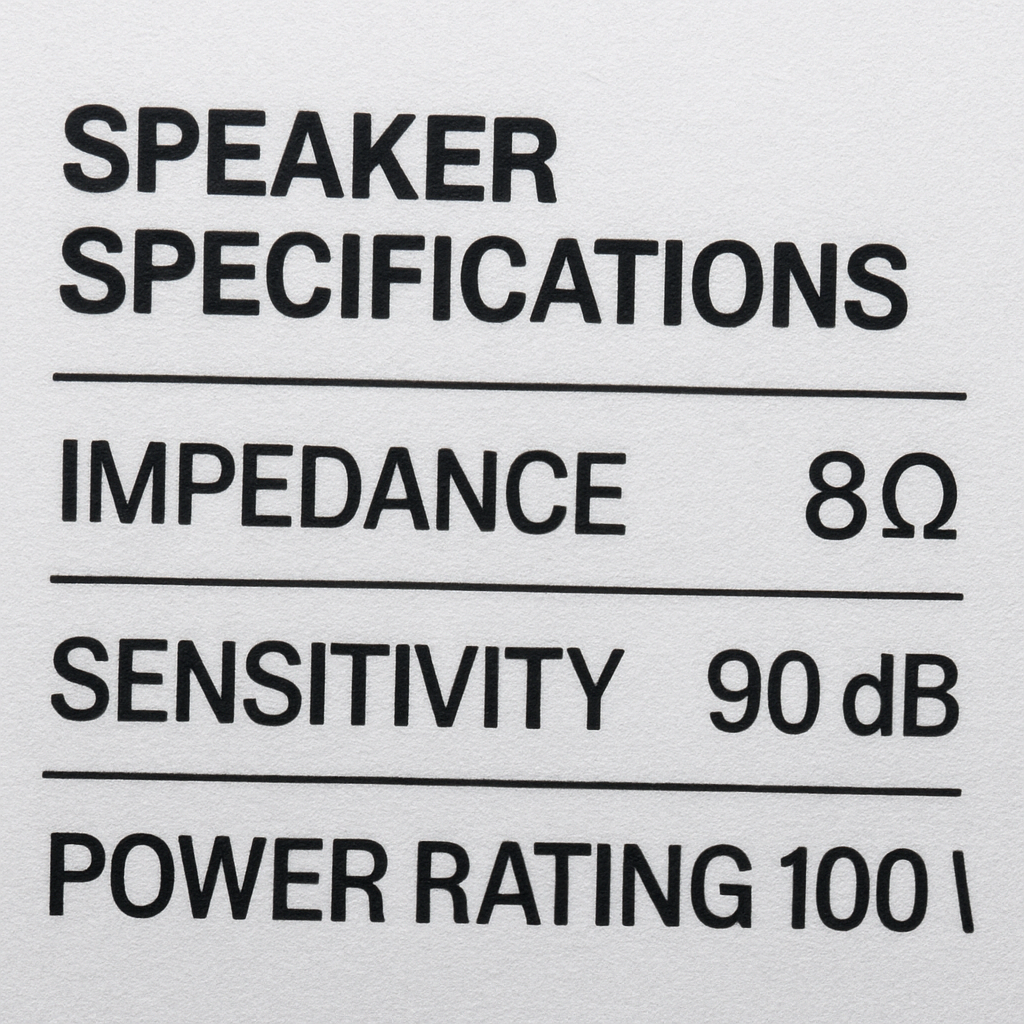 A close‑up of a speaker spec sheet showing impedance, sensitivity, and power rating. Alt: speaker specifications