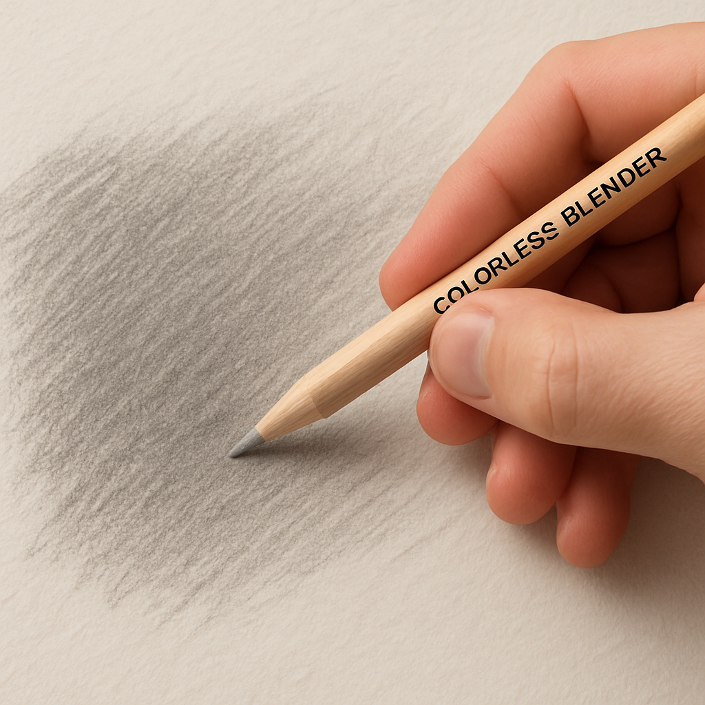 An artist's hand holding a colorless blender pencil, gently sweeping across a textured sketch pad, with soft graphite shading visible. Alt: How to use colorless blender pencil – tool preparation and blending technique.