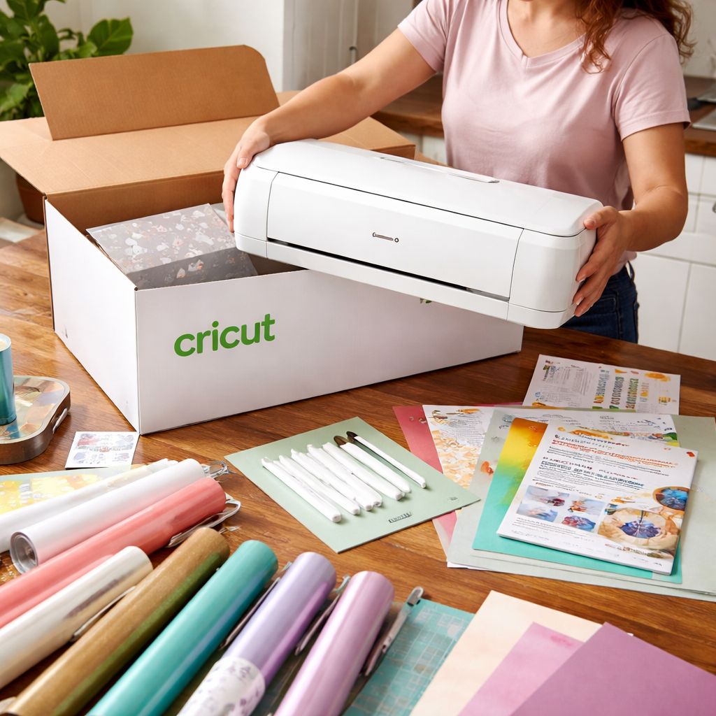 A photorealistic scene of a beginner unboxing a Cricut machine on a kitchen table, with the box open, the machine visible, and crafting supplies spread out. Alt: Unboxing Cricut machine for beginners