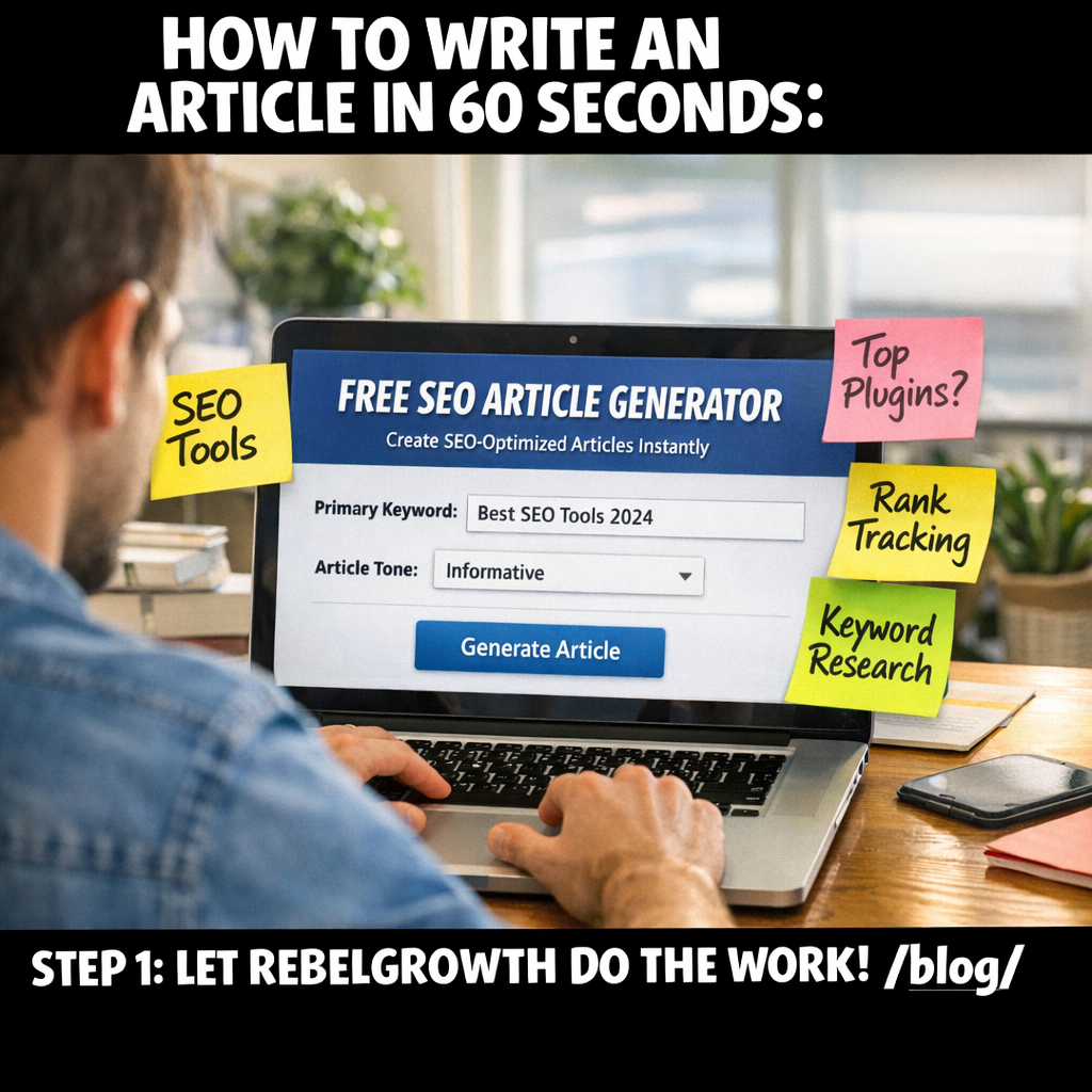 A photorealistic scene of a marketer sitting at a desk, laptop open to a free SEO article generator interface, sticky notes with keyword ideas around the screen, bright natural light, realistic style, alt: "seo article generator free interface with keyword planning".