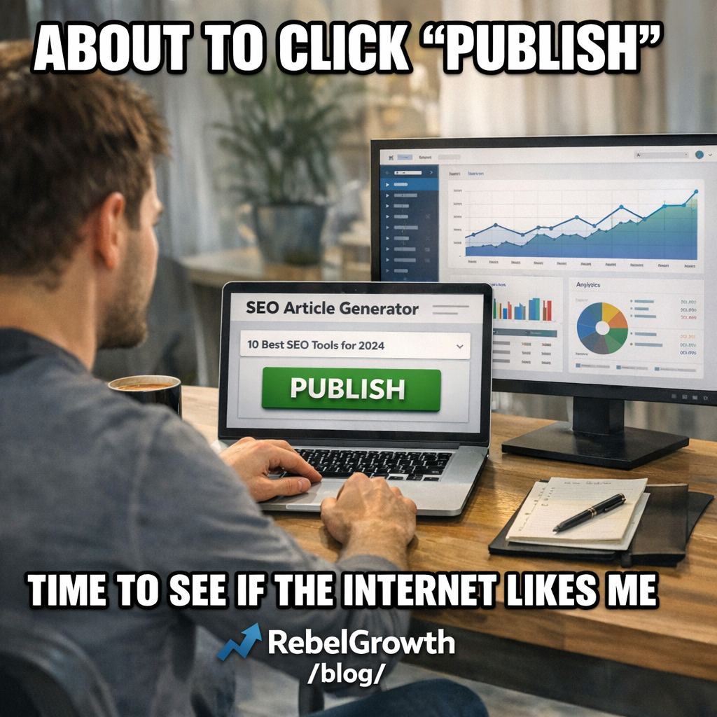 A photorealistic scene of a digital marketer sitting at a modern desk, laptop open to a publishing dashboard showing a “Publish” button, with analytics graphs on a second screen, coffee mug nearby, natural lighting. Alt: seo article generator free publishing and performance tracking dashboard.