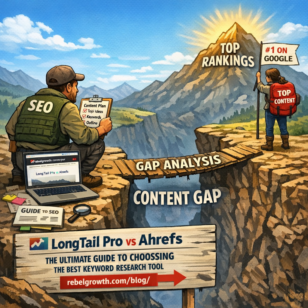 A descriptive prompt for an AI image generator, related to the surrounding text. Alt: seo content generator free visual concept showing gap analysis and content planning.