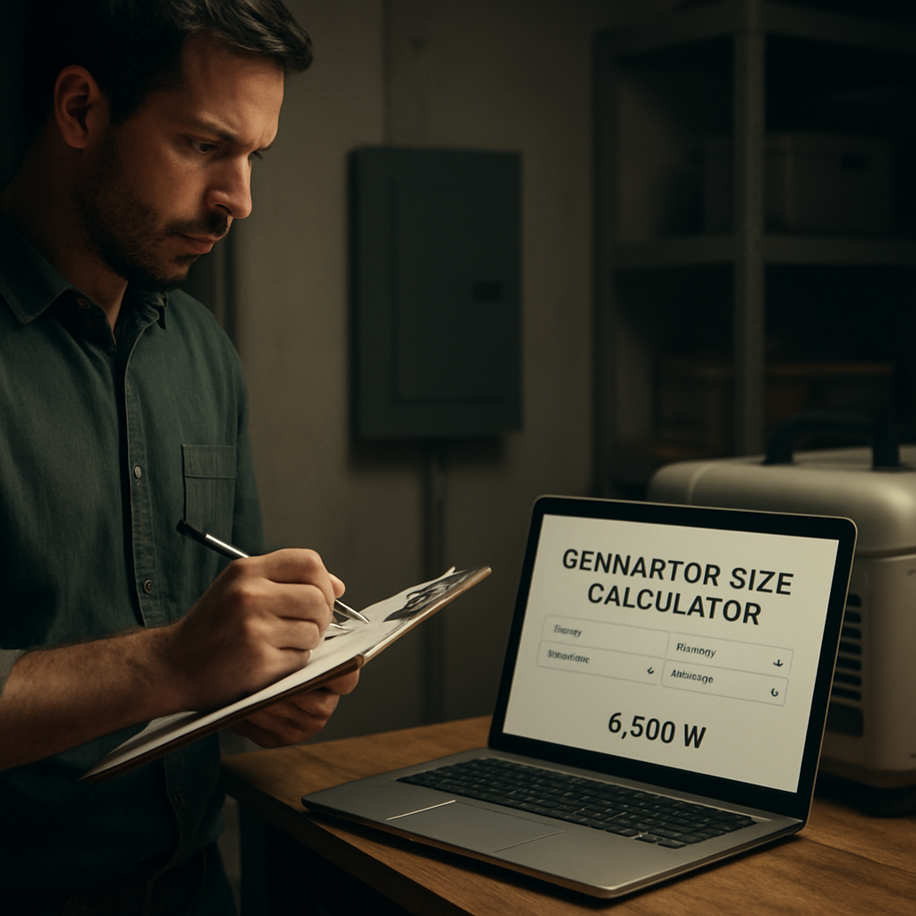 A homeowner holding a clipboard while checking appliance wattage labels, showing a clear view of a generator size calculator on a laptop screen. Alt: generator size calculator for home.
