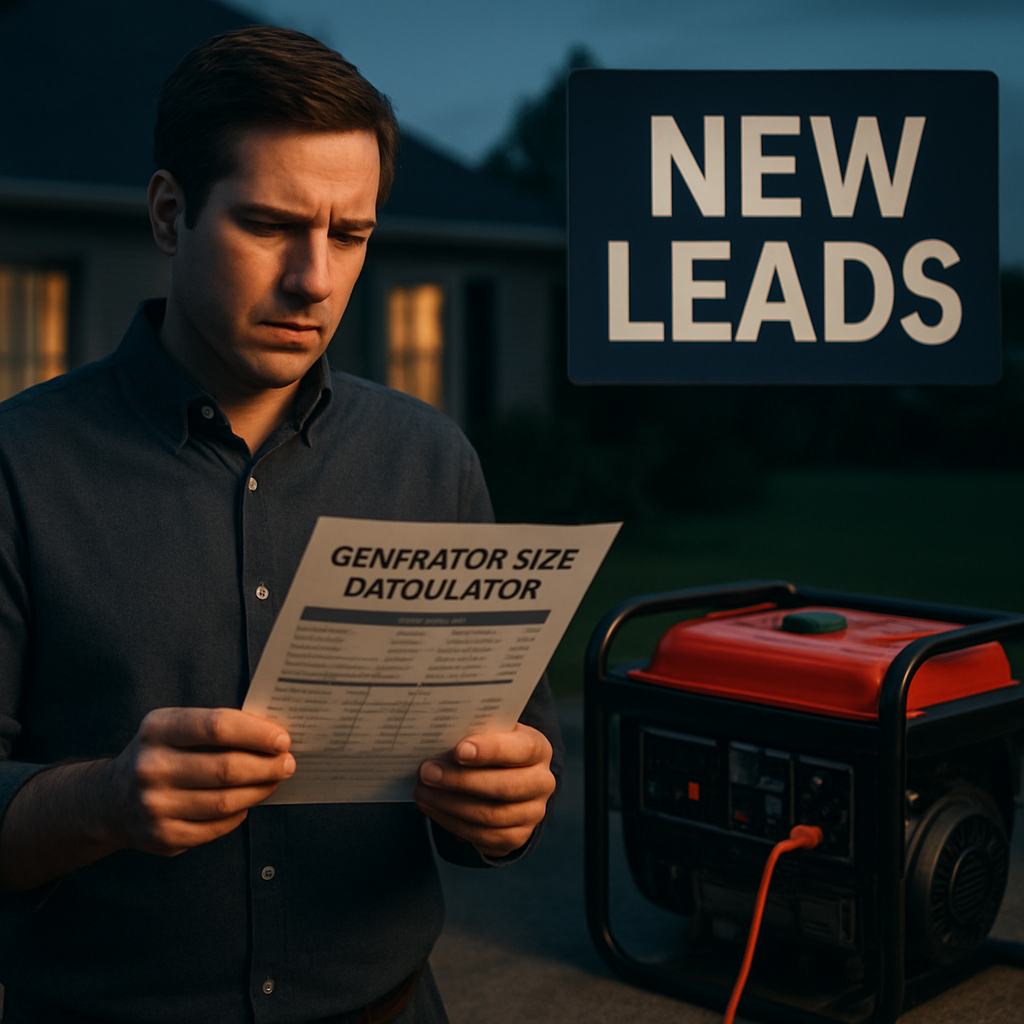 A homeowner reviewing a printed generator size calculator report while standing next to a portable generator. Alt: interpreting generator size calculator results for home power backup.