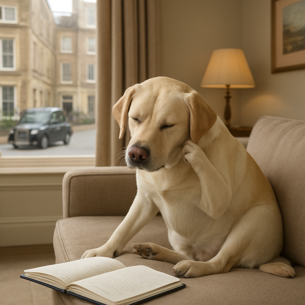A dog sitting on a sofa, pawing at its ears, with a journal open beside it. Alt: dog noticing ear itchiness with journal. 