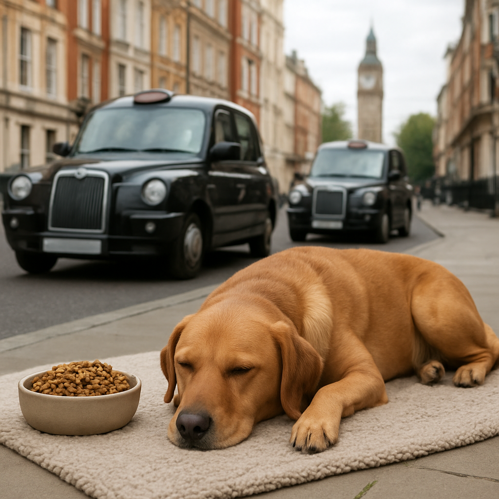 A calm dog lying on a soft rug with a bowl of grain‑free kibble beside it. Alt: dog enjoying a healthy grain‑free diet.