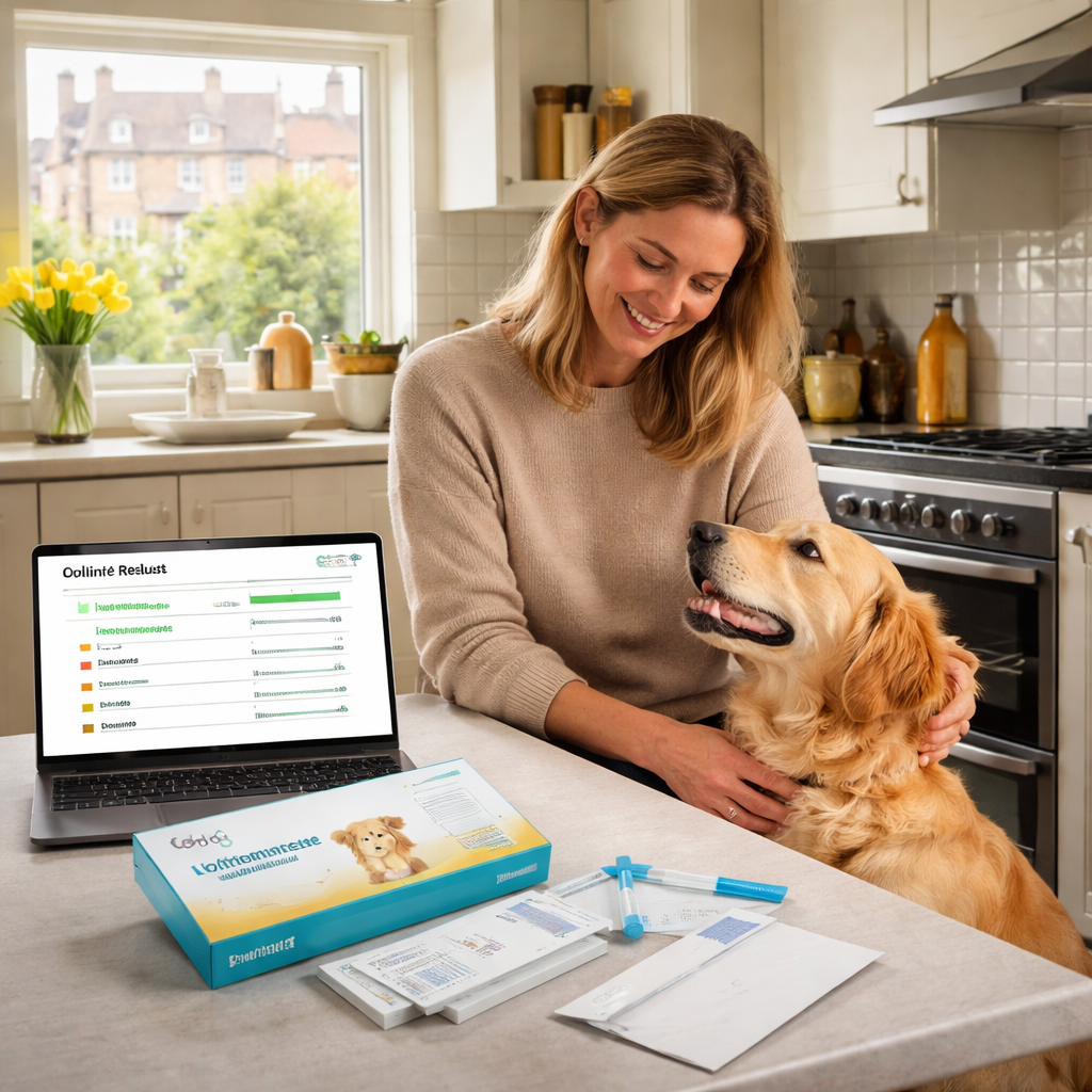 A photorealistic, UK kitchen scene showing a dog beside a calm owner, a fur-sample collection kit on the counter, and a laptop displaying an online report, all bathed in soft natural light. Alt: UK dog health at home test kit setup for dog food intolerance