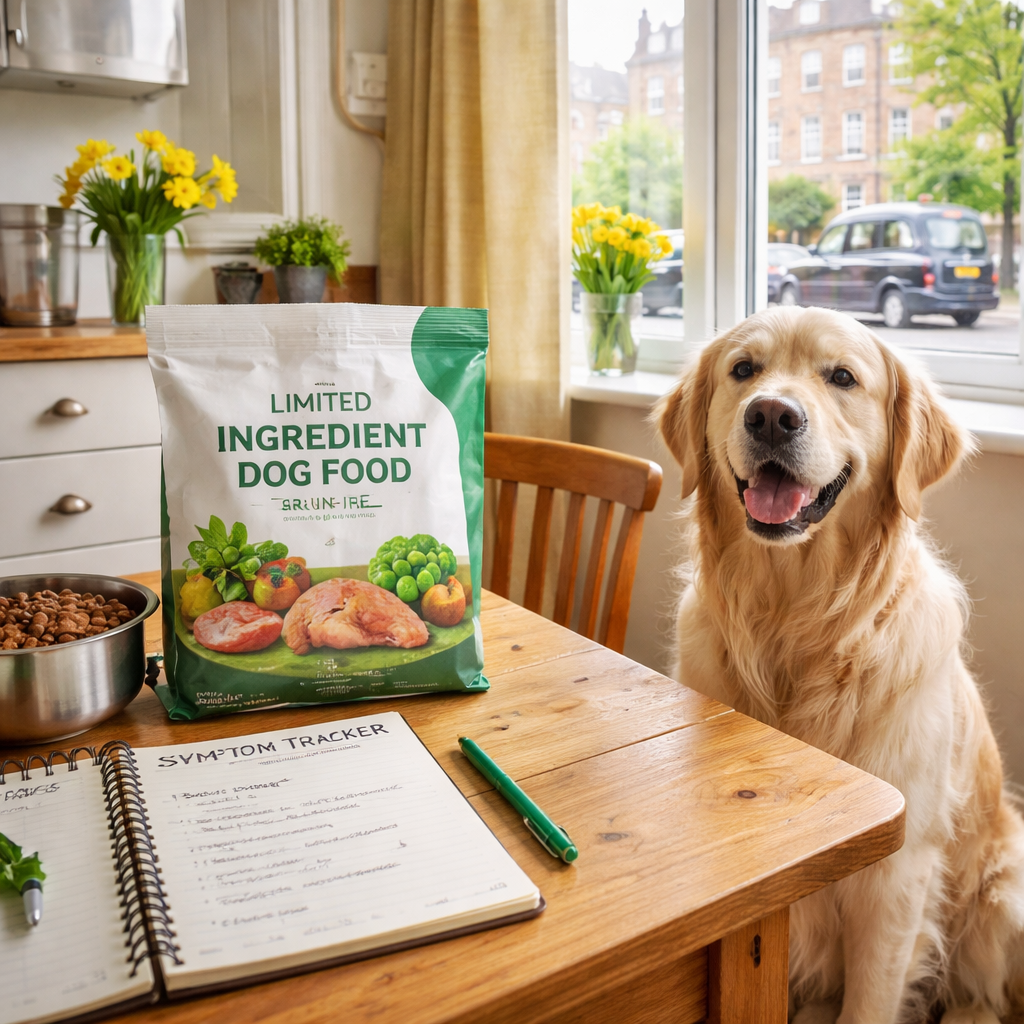 A photorealistic scene of a British kitchen table with a limited‑ingredient dog food bag, a notebook of symptom notes, and a happy golden retriever sitting patiently, natural daylight streaming through a window, reflecting a calm home test for dog food intolerance UK elimination diet process. Alt: Home test for dog food intolerance UK elimination diet plan.