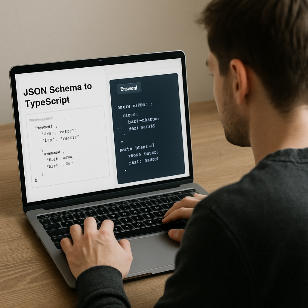 A developer sitting at a laptop, looking at a browser window with a JSON Schema to TypeScript conversion tool, code snippets visible on screen. Alt: JSON Schema to TypeScript online generator illustration